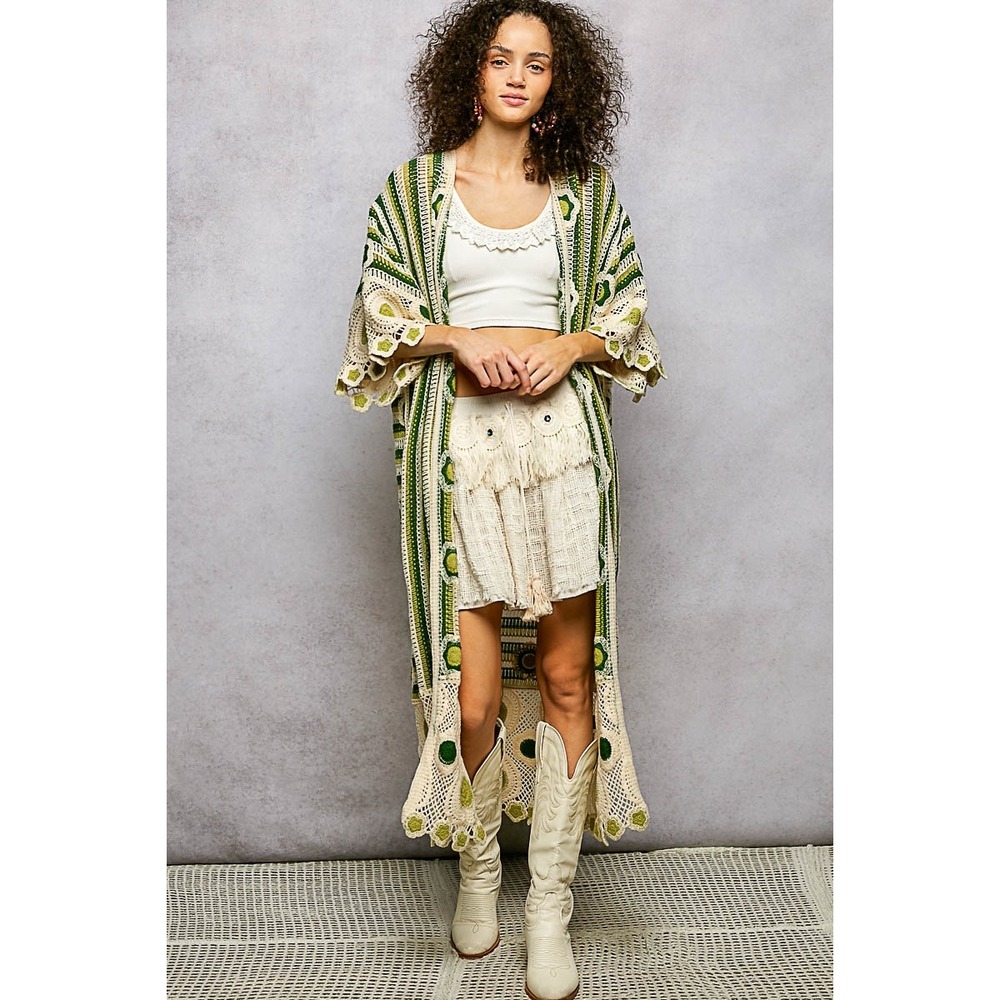 POL Boho Crochet Longline Cardigan Duster Green Floral Heart Pattern ONE SIZE - Picture 6 of 8